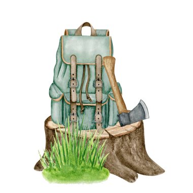 8082 suluboya el çizimi turist illüstrasyonu. Ağaç kütüğü, çim çalısı, sırt çantası, yürüyüş baltası..