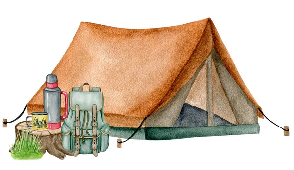 8092水彩手描きのキャンプイラスト 観光テント バックパック マグカップ 魔法瓶 — ストック写真