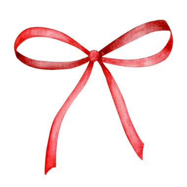 Kırmızı kurdele. Suluboya Noel süslemesi. Kız saçı aksesuarı.