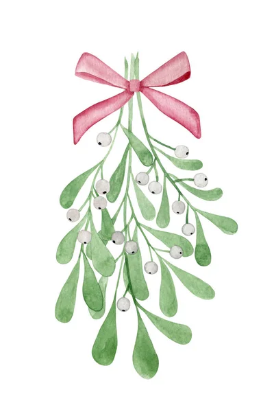 Kytice Jmelí Červenou Stuhou Vánoční Akvarel Ilustrace — Stock fotografie