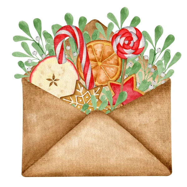 Enveloppe Avec Des Bonbons Des Herbes Composition Aquarelle Noël Décor — Photo