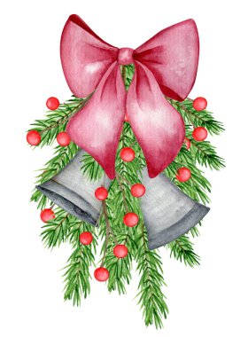 Kapıda Noel süsü var. Köknar dalları, çanlar ve tekstil yaylarının suluboya çizimi.