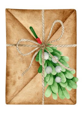 Suluboya, ökseotu desenli bir zarf. Noel el çizimi resimli