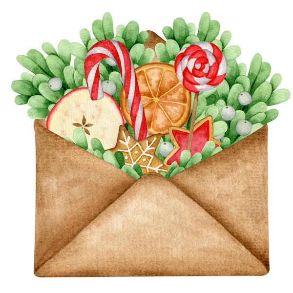 Enveloppe Avec Des Bonbons Des Herbes Composition Aquarelle Noël Décor — Photo