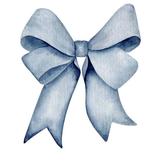Blue Ribbon Bow Watercolor Christmas Decoration Element Girl Hair Accessory — Stock Photo, Image