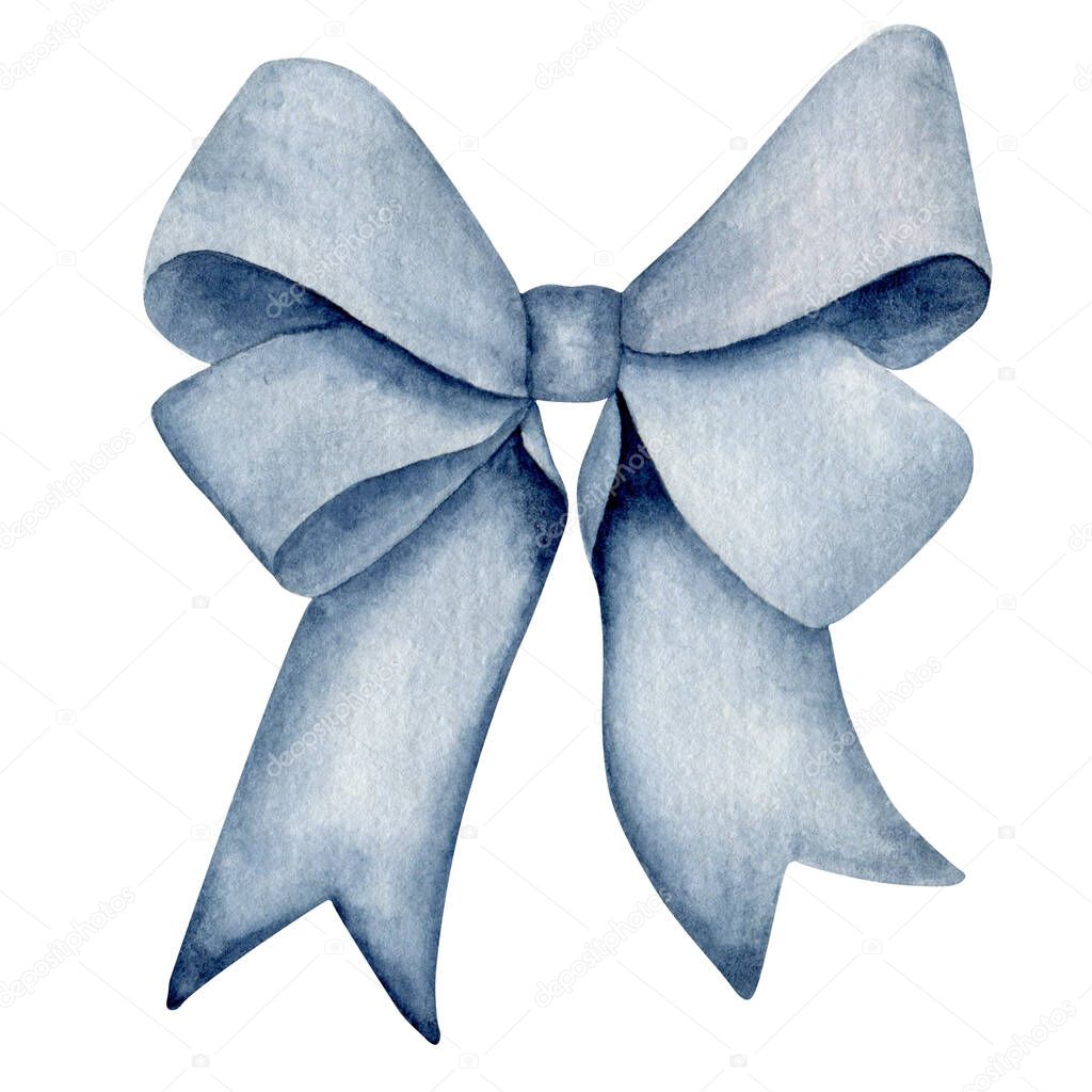 Blue ribbon bow. Watercolor Christmas decoration element. Girl hair accessory.