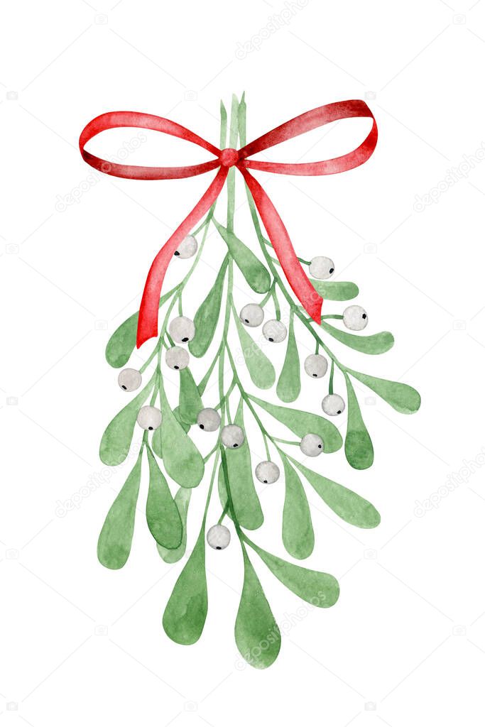 Mistletoe bouquet with red ribbon Christmas watercolor illustration.