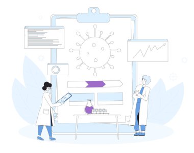 Aşı reseach konsepti. Coronavirus tedavisi tamamen gelişti. Laboratuvar önleme ilacı. Bilim insanları covid aşı adayı üzerinde yapılan üçüncü aşamayı tamamladı. Vektör çizgisi çizimi.