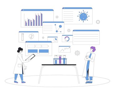 Aşı reseach konsepti. Coronavirus tedavisi tamamen gelişti. Laboratuvar önleme ilacı. Bilim insanları covid aşı adayı üzerinde yapılan üçüncü aşamayı tamamladı. Vektör çizgisi çizimi.