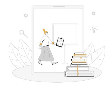 Online eğitim. Dijital öğrenme. Öğretmen tablet ya da telefon ekranı üzerine bir ders veriyor. İnternet webinar ya da çevrimiçi video eğitimi. Vektör renk çizgisi düz resimleme.