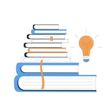 Ampullü kitaplar. Bilgi, eğitim, öğrenme, fikir sembolü. Çalış, araştır. Vektör renk çizgisi düz resimleme.