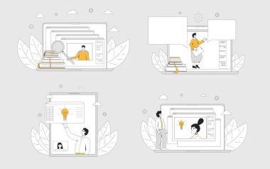 Çevrimiçi eğitim hazır. Dijital öğrenme koleksiyonu konseptleri. Öğretmen webinar veya çevrimiçi video eğitimi veriyor. Vektör renk çizgisi düz resimleme.