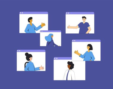 Video call conference. Friends online meeting. Digital communication. People talking to each other on computer screen. Vector color line art flat illustration. clipart