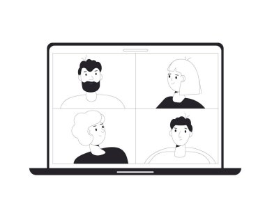 Video konferansı. Çevrimiçi toplantı. Dijital iletişim. Laptop ekranında insanlar birbiriyle konuşuyor. Görüntülü bilgisayar. Uzaktan kumandalı takım çalışması. Vektör illüstrasyonu.
