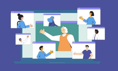 Video konferansı. Çevrimiçi toplantı. Dijital iletişim. Laptop ekranında insanlar birbiriyle konuşuyor. Görüntülü bilgisayar. Uzaktan kumandalı takım çalışması. Vektör illüstrasyonu.