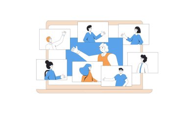 Video konferansı. Çevrimiçi toplantı. Dijital iletişim. İnsanlar bilgisayar ekranında birbirleriyle konuşuyorlar. Kıdemli adam genç öğrencilerle sohbet ediyor. Vektör renk çizgisi düz resimleme.