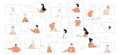 Video konferansı. Çevrimiçi toplantı. Dijital iletişim. İnsanlar internette birbirleriyle konuşuyorlar. Uzaktan takım çalışması ya da öğrenme. Vektör renk çizgisi düz resimleme.