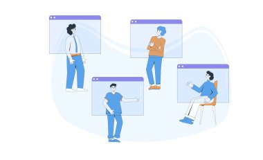 Video konferansı. Arkadaş ya da aile toplantısı. Dijital iletişim. İnsanlar bilgisayar ekranında birbirleriyle konuşuyorlar. Vektör renk çizgisi düz resimleme.