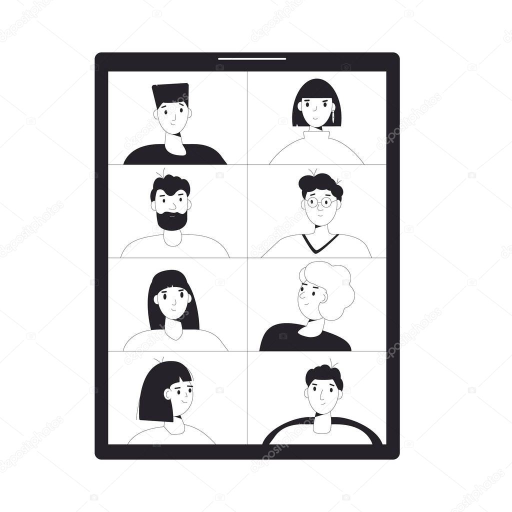Video call conference. Online meeting. Digital communication. People talking to each other on tablet screen. Phone with video chat isolated on white background. Remote teamwork. Vector illustration.