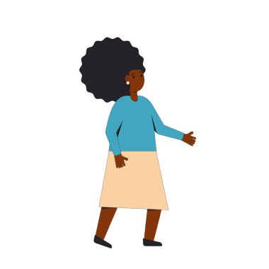 Afrikalı Amerikalı kız. Beyaz arka planda tek başına duran, günlük kıyafetler giyen genç bir kadın karakter. Vektör renk çizgisi çizimi. 