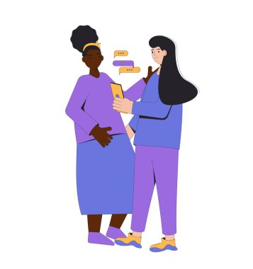 Beyaz arka planda birlikte duran iki genç. Genç bayan arkadaşlar telefon kullanarak günlük kıyafetler giyiyorlar. Ayakta duran ve birbirlerine sarılan kızlar. Vektör renk çizgisi çizimi. 