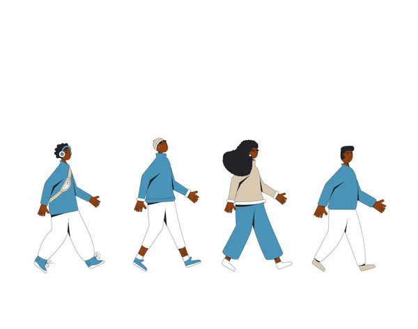 一群非洲裔美国青少年在白人背景下一个接一个地行走 穿着休闲装的年轻男女朋友步调一致 男孩和女孩 — 图库矢量图片