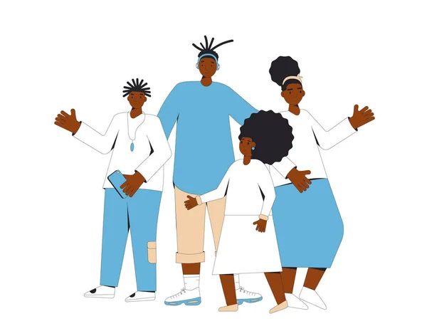 一群站在一起的非裔美国青少年 年轻的男女朋友穿着休闲装 男孩和女孩 矢量彩色线条图解 — 图库矢量图片