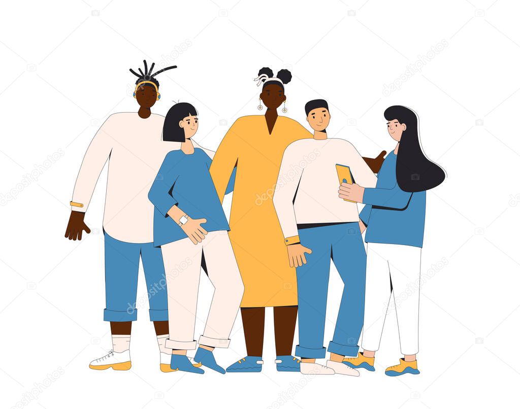 Group of diverse teenagers standing together isolated on white background. Young female and male friends wearing in casual clothes. Boys and girls hugging each other. Vector color line illustration. 