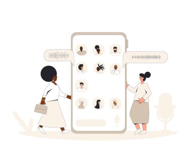 Sosyal medya ağı uygulaması. Sesli konuşma. Sesli ve telefonlu arkadaşlarla konuşmak. Farklı insanlarla çevrimiçi konferans. Vektör illüstratörü.