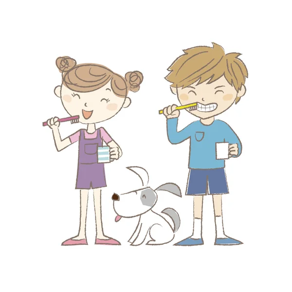 Niño, niña y perro cepillándose los dientes juntos — Archivo Imágenes Vectoriales