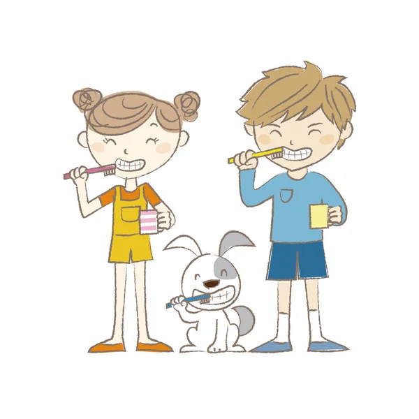 Niño, niña y perro cepillándose los dientes juntos — Vector de stock
