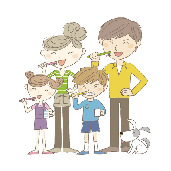 Two-genaration family standing and brushing teeth together