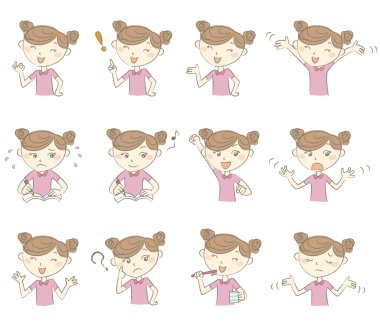 Çeşitli pozlar ve duyguları ile genç kız