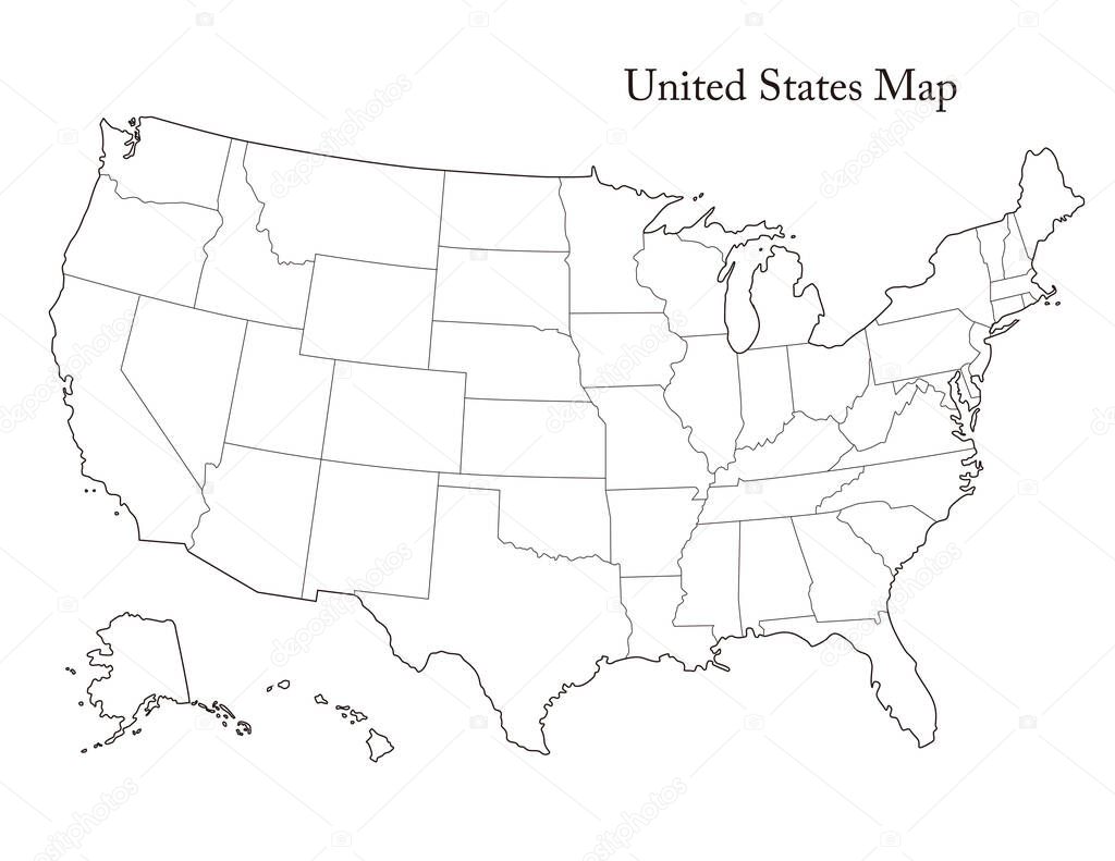 Black and White United States Map with state borders, USA Map
