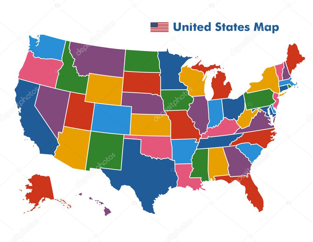 Coiorful United States Map with state borders, USA Map