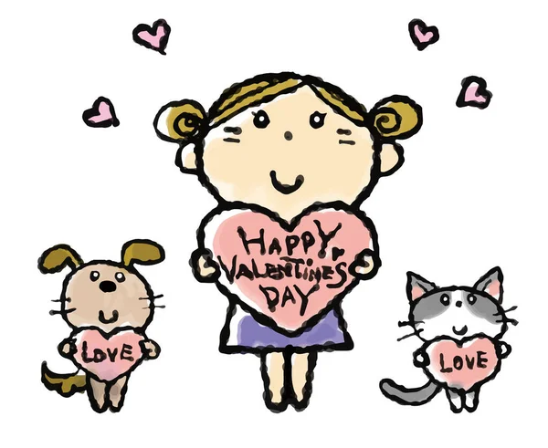 猫と犬がいるバレンタインハートのかわいい女の子 手描きのイラスト — ストックベクタ