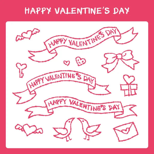 Ručně Kreslené Valentýnské Prvky Set Srdce Klíč Ptáci Stuhy Přítomnost — Stockový vektor