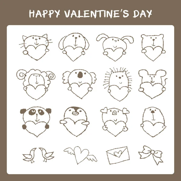 Hand Drawn Valentine Day Cute Animals Hearts Set Cat Dog — Stock Vector