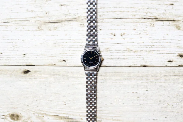 Silver Wrist Watch Wooden Table — Stock Photo, Image