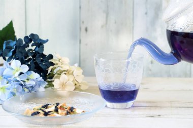 Poring bright blue butterfly pea flower herb tea to a glass from glass tea pot