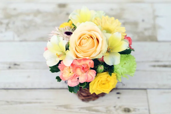 Colorful Flower Arrangement Wooden Table Flower Gift — Photo