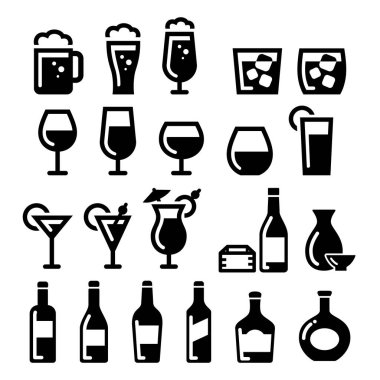 Likör ikonu resimleme seti / Bira, şarap, kokteyl, sake, brendi, viski, siyah ve beyaz simge