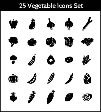 25 sebze ikonu çizimi (yeşil biber, patlıcan, sarımsak, soğan, yeşil soğan, brokoli, domates, lahana, beyaz turp, marul, mantar, salatalık, avokado, patates, mısır, balkabağı, bezelye, bamya, bambu filizi, turp, carr