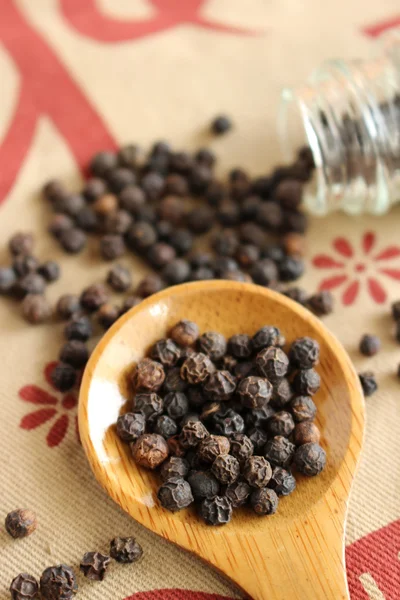 Black pepper seeds spills out of bottle — Stock Photo, Image