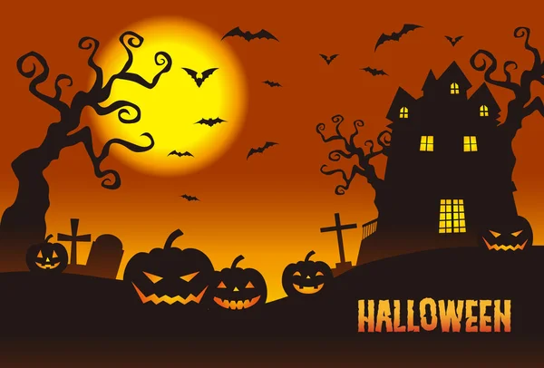 Halloween, pumpor & en haunted mansion i skymningen — Stock vektor