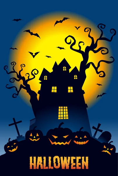 Halloween, pumpkins and a haunted mansion in full moon night — Stock Vector