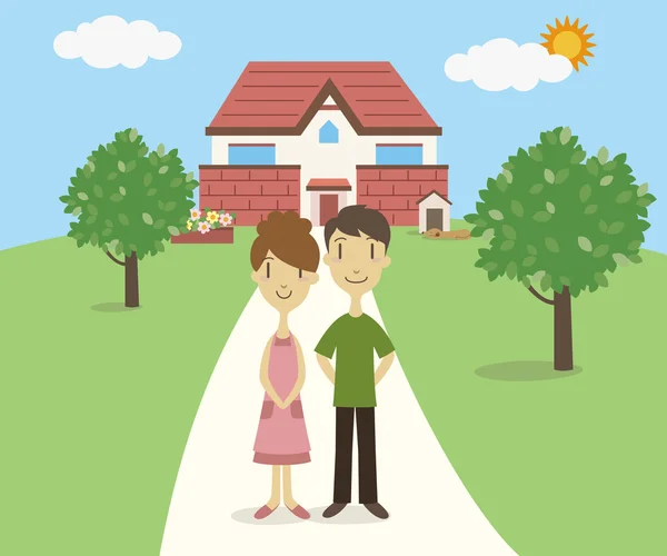 Young couple standing in front of their house — Stock vektor