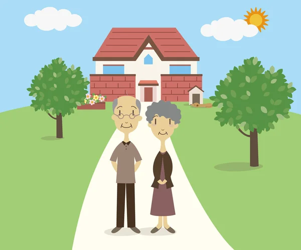 Senior couple standing in front of their house — Stock Vector