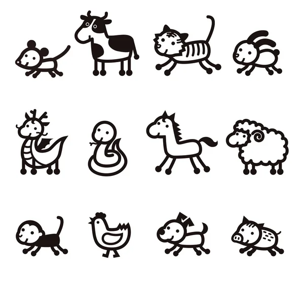 Doce animales del zodíaco chino icono — Vector de stock