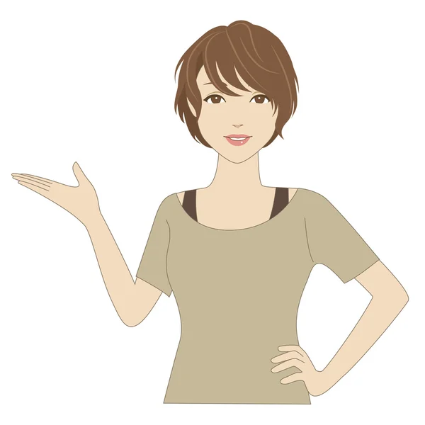 Mujer sonriente levantando la palma — Vector de stock